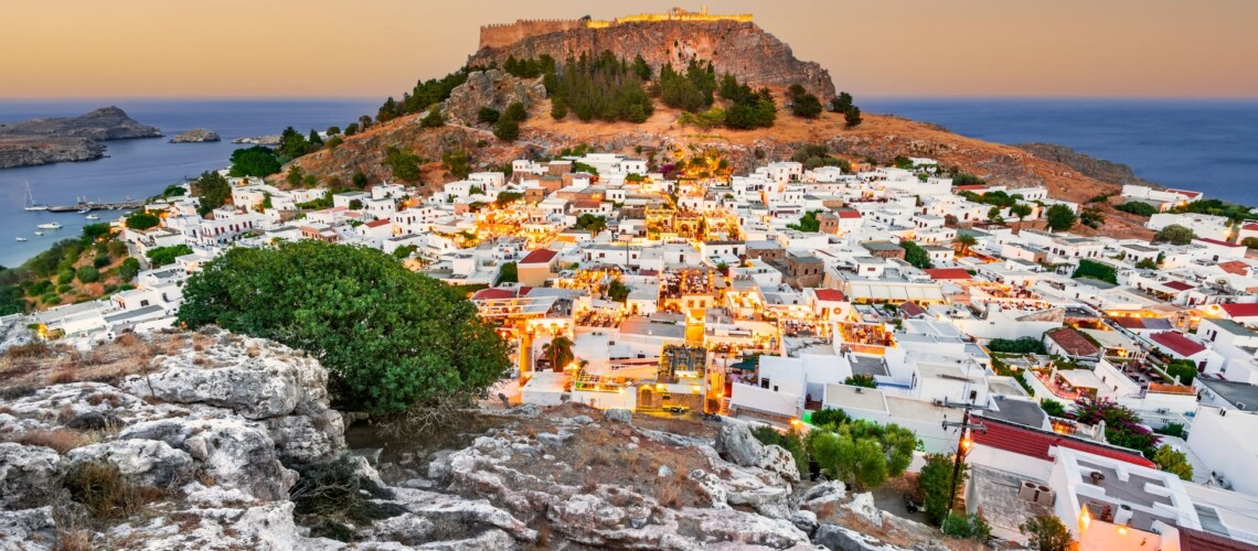 Lindos Small Whitewashed Village And The Acropolis, Rhodes, Gree