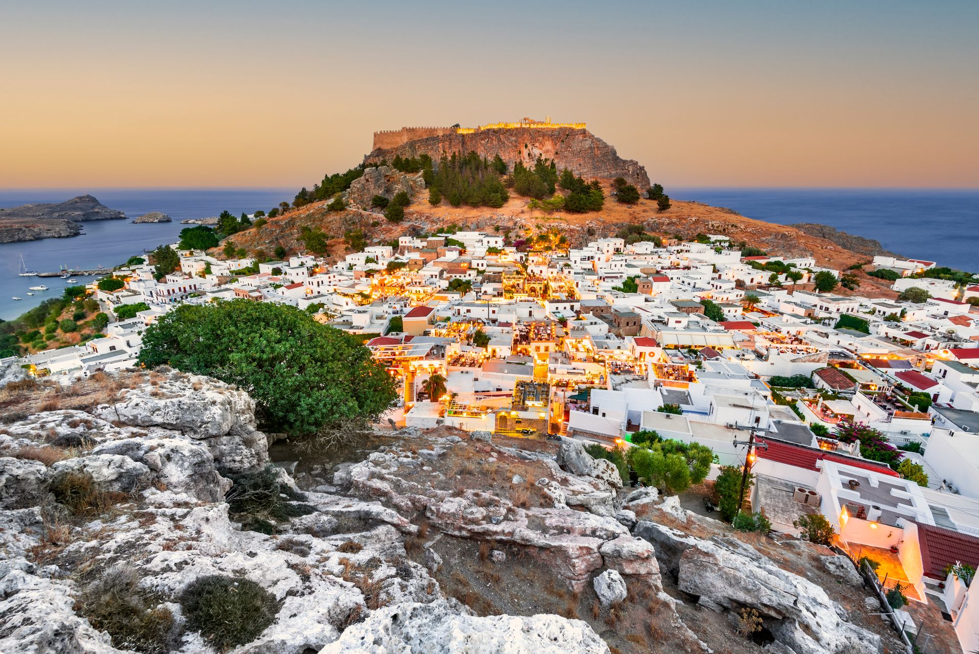 Lindos Small Whitewashed Village And The Acropolis, Rhodes, Gree